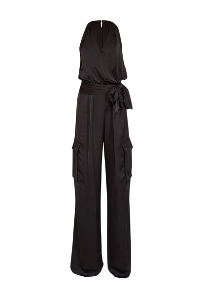 Current Boutique-Ramy Brook - Black Satin Sleeveless Cargo Jumpsuit Sz L