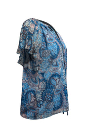 Current Boutique-Ramy Brook - Blue Paisley Print Blouse w/ Pleated Flutter Sleeves Sz S