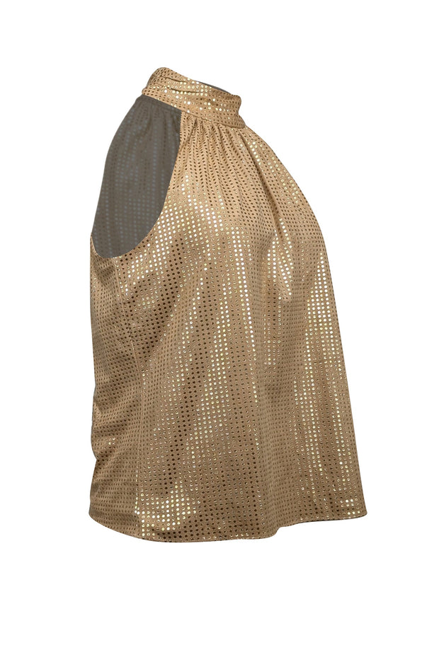 Current Boutique-Ramy Brook - Light Brown & Metallic Gold Dotted Halter Top Sz M