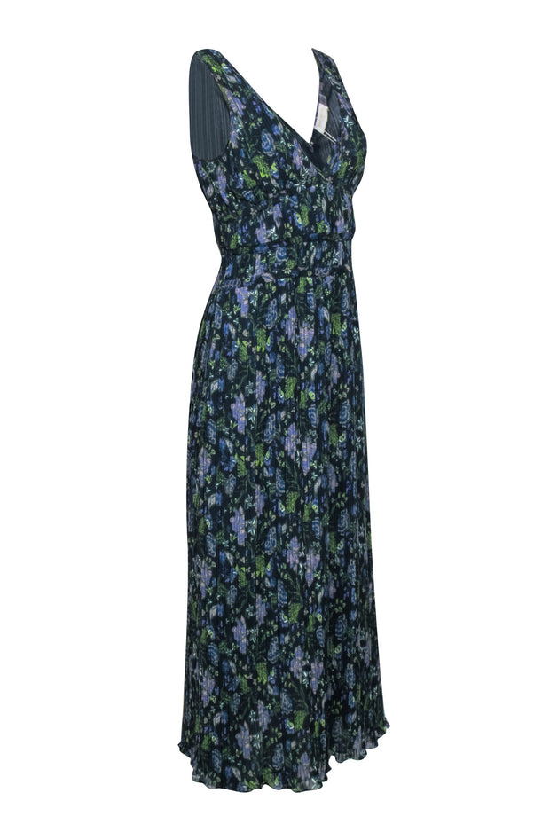 Current Boutique-Ramy Brook - Navy, Purple, & Green Floral Print Sleeveless Dress Sz S