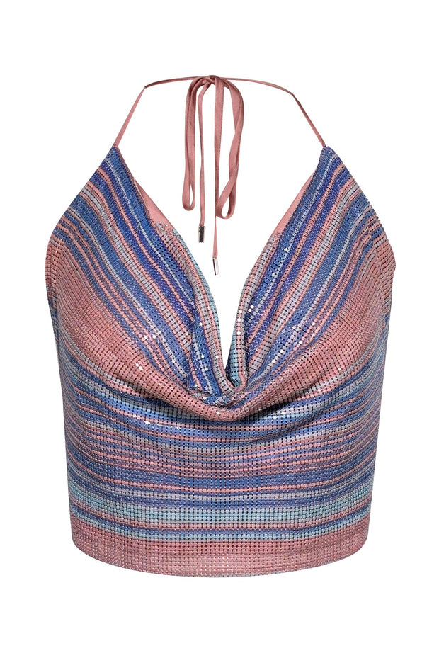 Current Boutique-Ramy Brook - Pink & Blue Halter Neck Chainmail Top Sz L