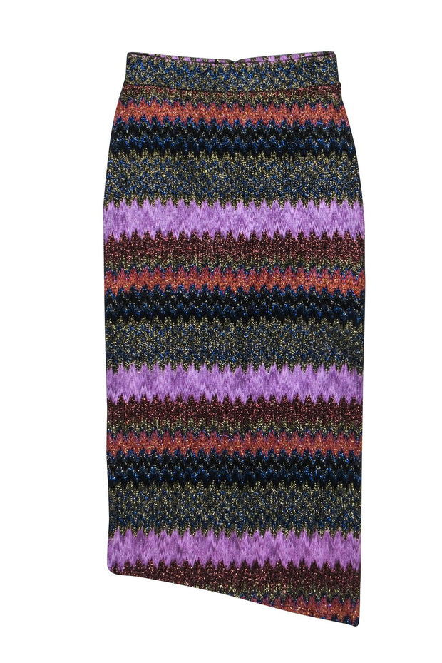 Current Boutique-Ramy Brook - Purple w/ Multi-Color Metallic Chevron Print Midi Skirt Sz S