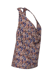 Current Boutique-Ramy Brook - Tan & Blue Floral & Leopard Print Cowl Neck Halter Top Sz M