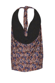 Current Boutique-Ramy Brook - Tan & Blue Floral & Leopard Print Cowl Neck Halter Top Sz M