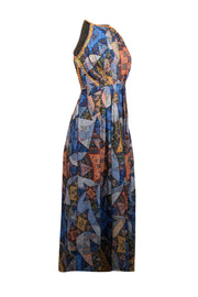 Current Boutique-Ranna Gill - Blue & Orange Mosaic Print Maxi Dress w/ Embroidered Stud Trim Sz XS