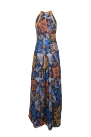 Current Boutique-Ranna Gill - Blue & Orange Mosaic Print Maxi Dress w/ Embroidered Stud Trim Sz XS