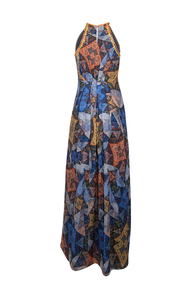 Current Boutique-Ranna Gill - Blue & Orange Mosaic Print Maxi Dress w/ Embroidered Stud Trim Sz XS