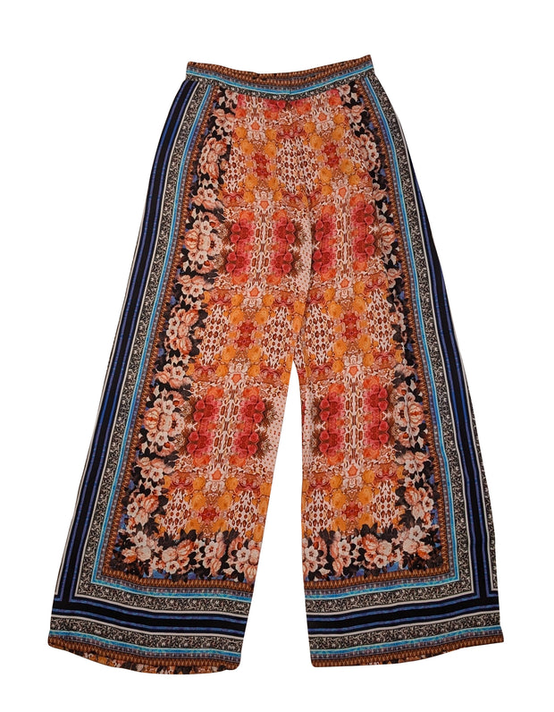 Current Boutique-Ranna Gill - White, Orange, & Blue Floral Print Wide Leg Pants Sz 4