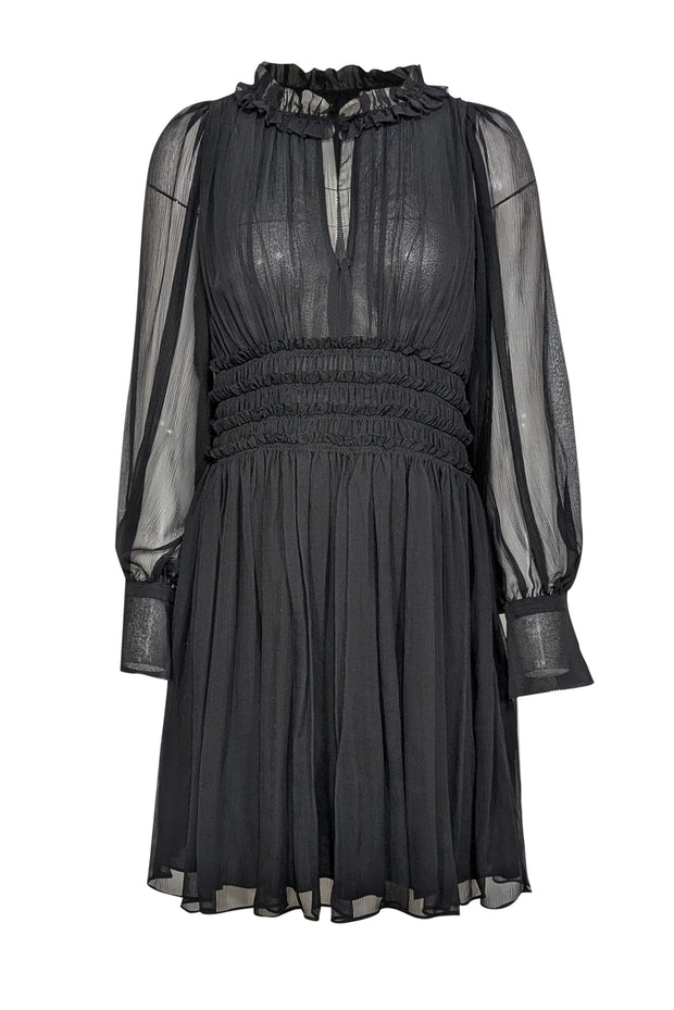 Current Boutique-Rebecca Taylor - Black Silk Chiffon Ruffled Long Sleeve Dress Sz 4