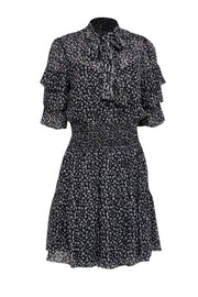 Current Boutique-Rebecca Taylor - Black, White, & Blue Leopard Print Smocked Waist Dress Sz 8