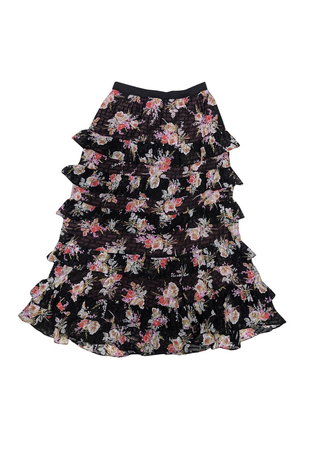 Current Boutique-Rebecca Taylor - Black w/ Pink Floral Print Silk Blend Tiered Skirt Sz S