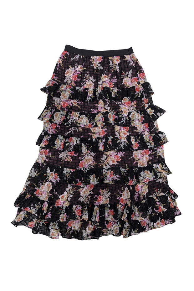 Current Boutique-Rebecca Taylor - Black w/ Pink Floral Print Silk Blend Tiered Skirt Sz S