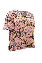 Current Boutique-Rebecca Taylor - Black w/ Pink & Multicolor Floral Print Silk Blouse Sz 2