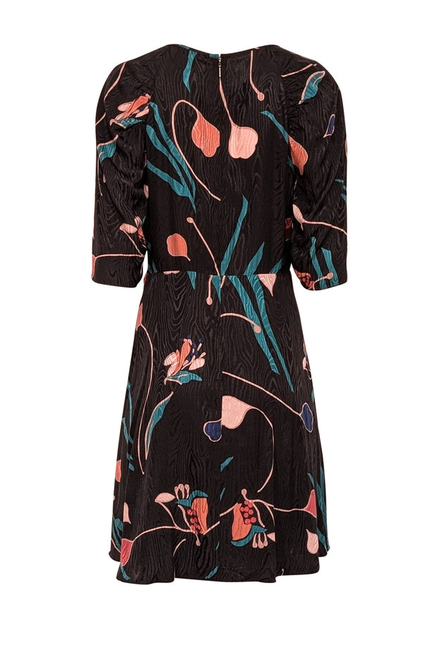 Current Boutique-Rebecca Taylor - Black w/ Teal & Peach Botanical Print Silk Blend Dress Sz 8