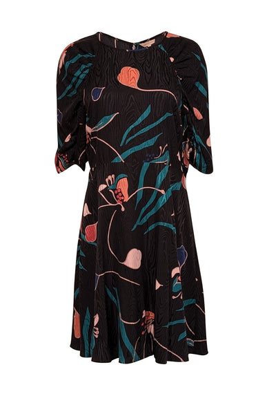 Current Boutique-Rebecca Taylor - Black w/ Teal & Peach Botanical Print Silk Blend Dress Sz 8