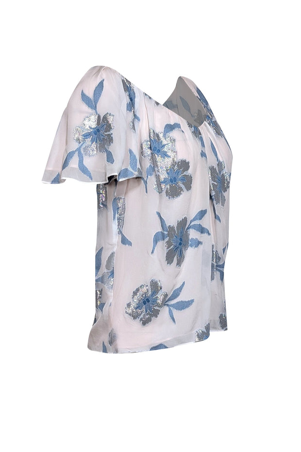 Current Boutique-Rebecca Taylor - Ivory, Blue, & Silver Floral Print Silk Blend Blouse Sz XS