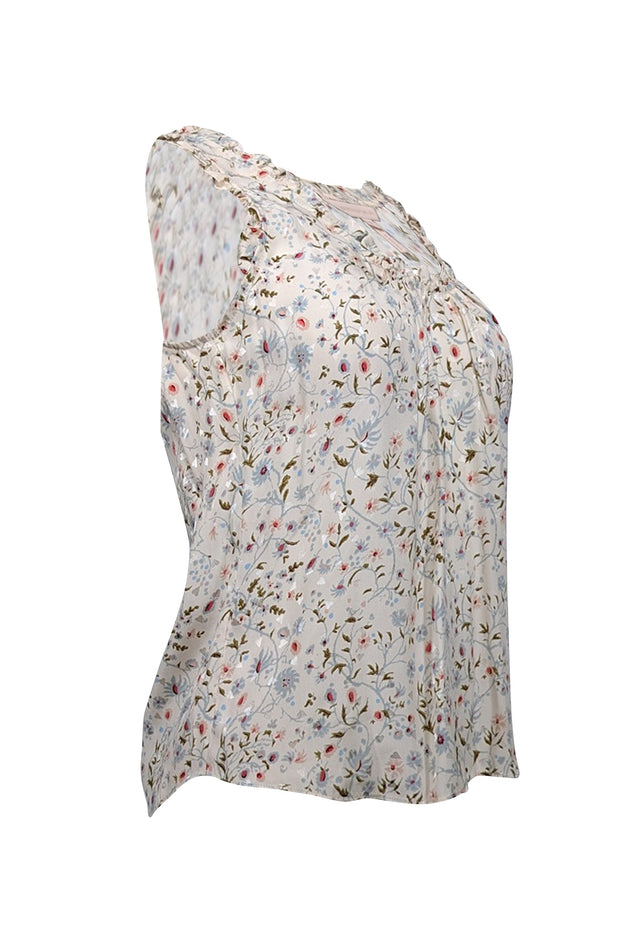 Current Boutique-Rebecca Taylor - Ivory w/ Blue Floral Print Ruffled Trim Tank Top Sz XS