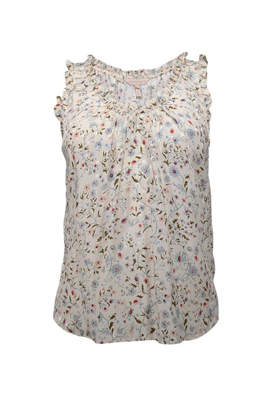 Current Boutique-Rebecca Taylor - Ivory w/ Blue Floral Print Ruffled Trim Tank Top Sz XS