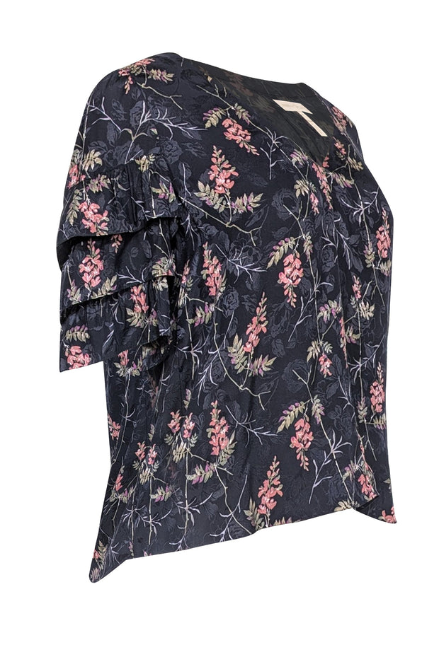 Current Boutique-Rebecca Taylor - Navy & Multi Color Floral Print Blouse Sz 8