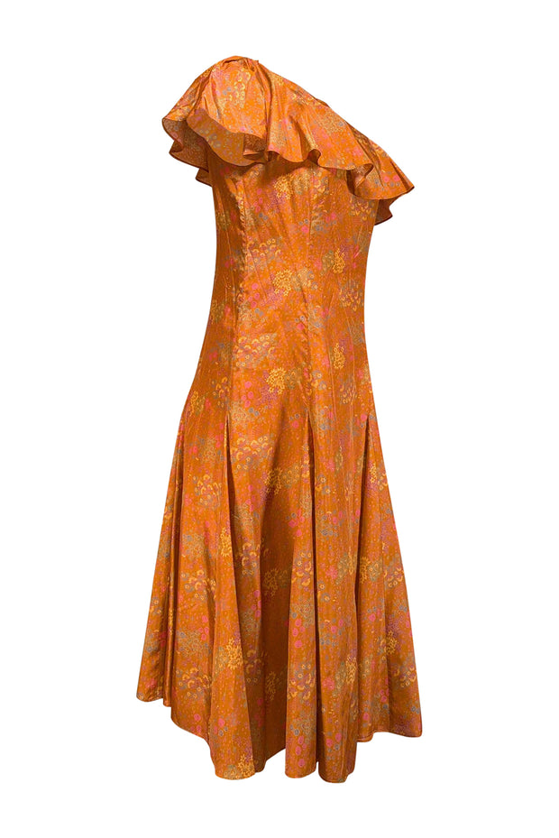 Current Boutique-Rebecca Taylor - Orange Floral Print Silk Ruffled One Shoulder Dress Sz 2