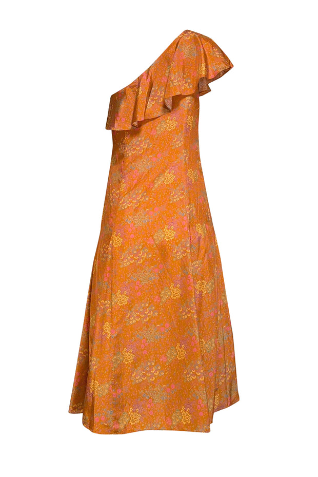 Current Boutique-Rebecca Taylor - Orange Floral Print Silk Ruffled One Shoulder Dress Sz 2