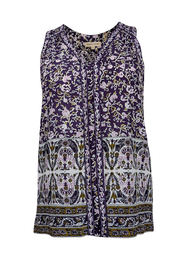 Current Boutique-Rebecca Taylor - Purple w/ White & Gold Paisley Print Sleeveless Top Sz 0