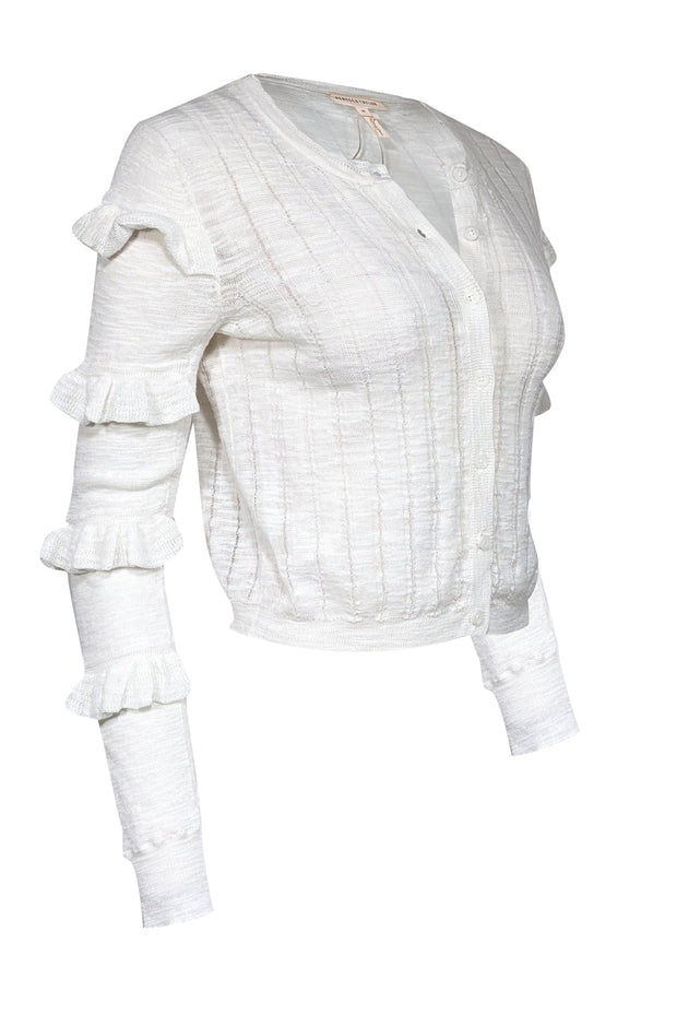 Current Boutique-Rebecca Taylor - White Knit Ruffle Sleeve Cardigan Sz M