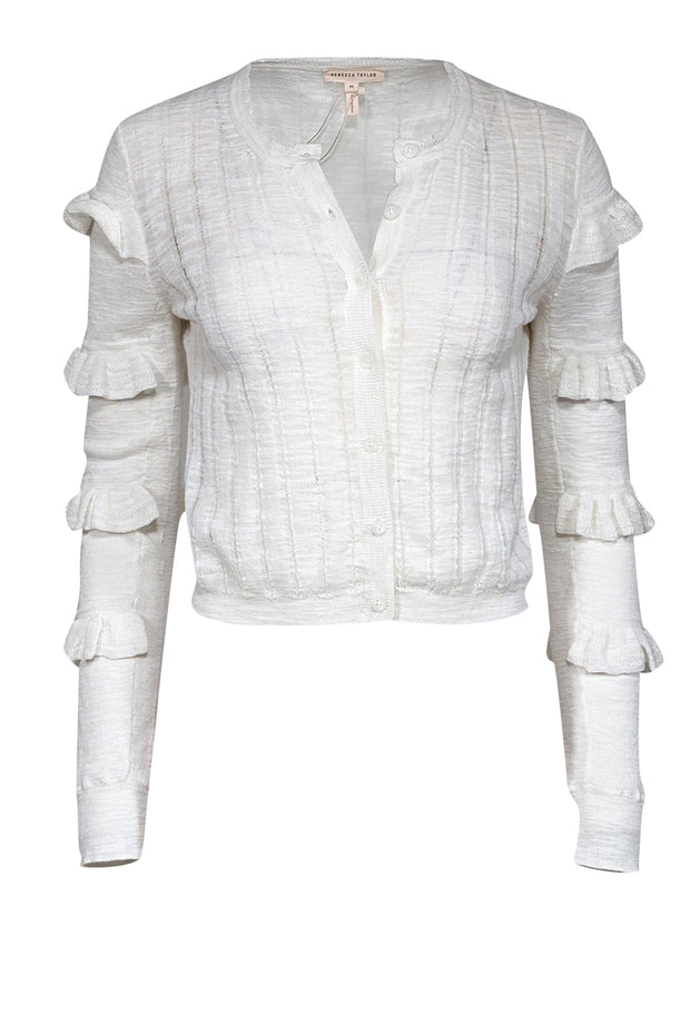 Current Boutique-Rebecca Taylor - White Knit Ruffle Sleeve Cardigan Sz M