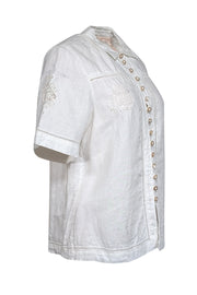 Current Boutique-Rebecca Taylor - White Short Sleeve Linen Button Down w/ Embroidery Detail Top Sz M