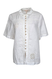 Current Boutique-Rebecca Taylor - White Short Sleeve Linen Button Down w/ Embroidery Detail Top Sz M