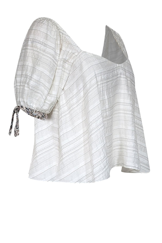 Current Boutique-Rebecca Taylor - White Striped Short Puff Sleeve w/ Floral Tie Armband Top Sz 6