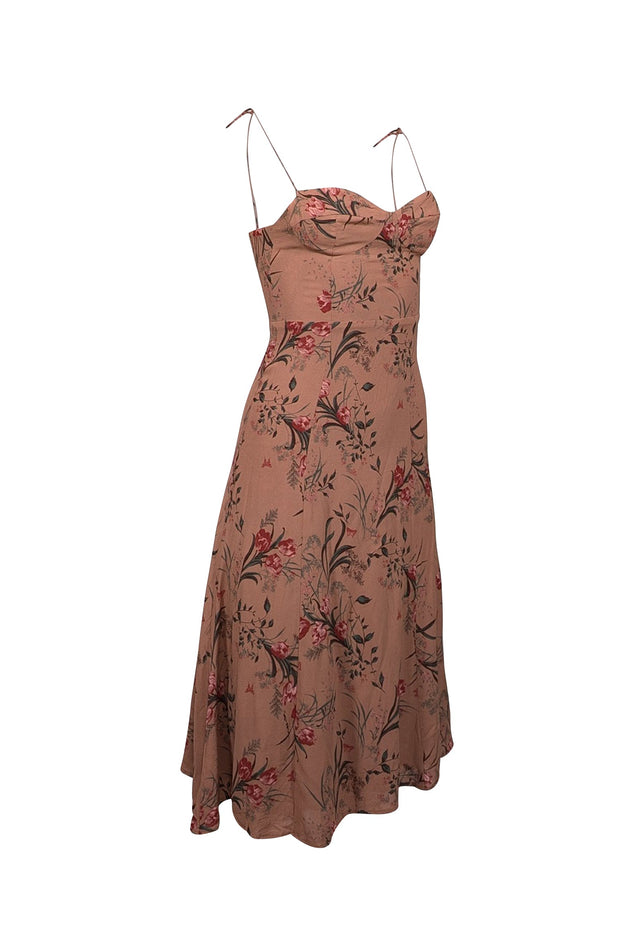 Current Boutique-Reformation - Ashy Terracotta w/ Red & Green Floral Print Sleeveless Midi Dress Sz 2