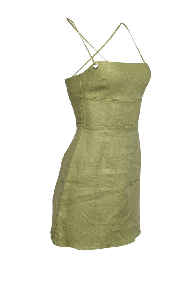 Current Boutique-Reformation - Green Linen Sleeveless Cross Back Mini Dress Sz 0