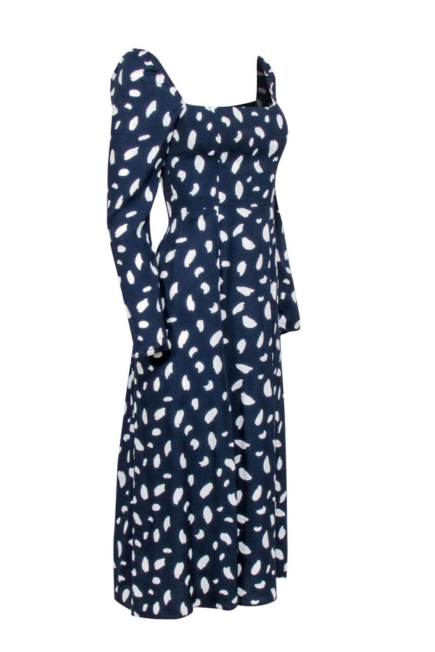 Current Boutique-Reformation - Navy & Ivory Spotted Print High Slit Dress Sz 2