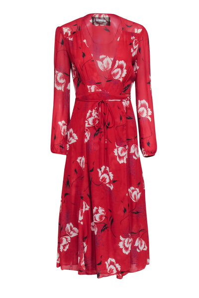 Current Boutique-Reformation - Red w/ White Floral Print Midi Wrap Dress Sz S