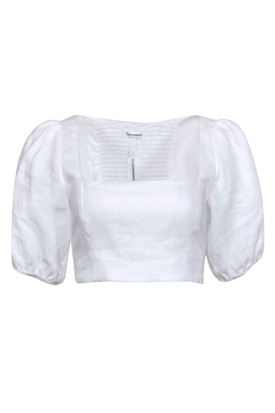 Current Boutique-Reformation - White Linen Puff Sleeve Crop Top Sz 6