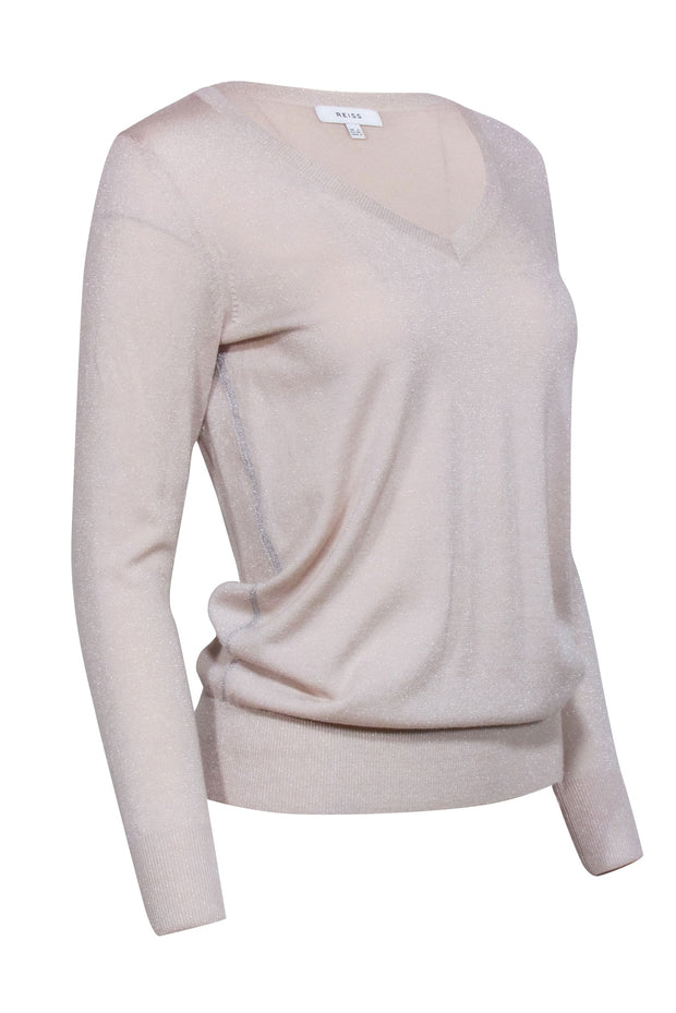 Current Boutique-Reiss - Beige Metallic Wool Blend V-neck Sweater Sz 2