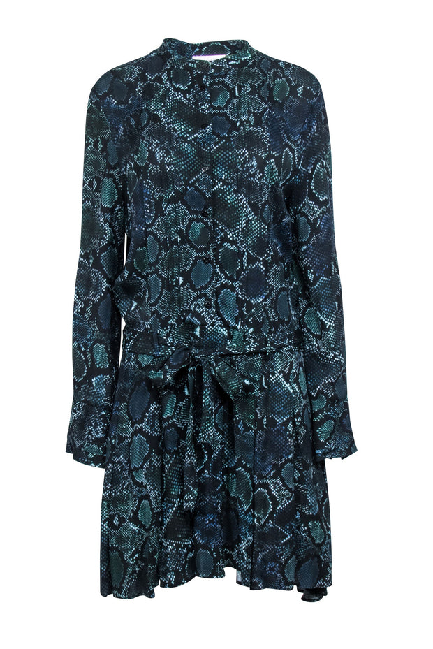 Current Boutique-Reiss - Black & Green Snake Skin Print Button Front Dress Sz 10