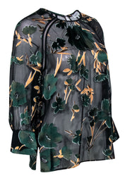 Current Boutique-Reiss - Black Semi-Sheer Blouse w/ Green & Tan Floral Print Sz 4