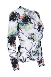 Current Boutique-Reiss - White Tropical Print Long Sleeve Blouse w/ Front Twist Detail Sz 0