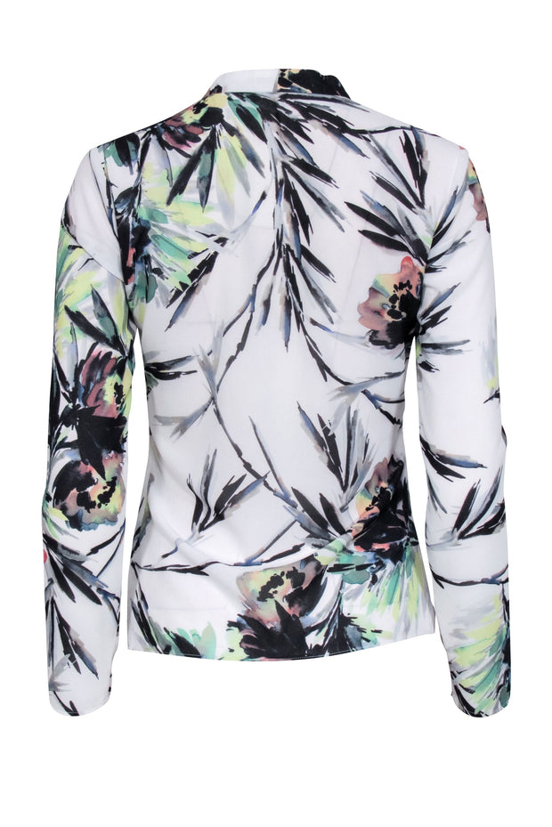 Current Boutique-Reiss - White Tropical Print Long Sleeve Blouse w/ Front Twist Detail Sz 0