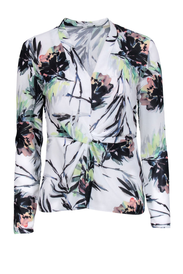 Current Boutique-Reiss - White Tropical Print Long Sleeve Blouse w/ Front Twist Detail Sz 0