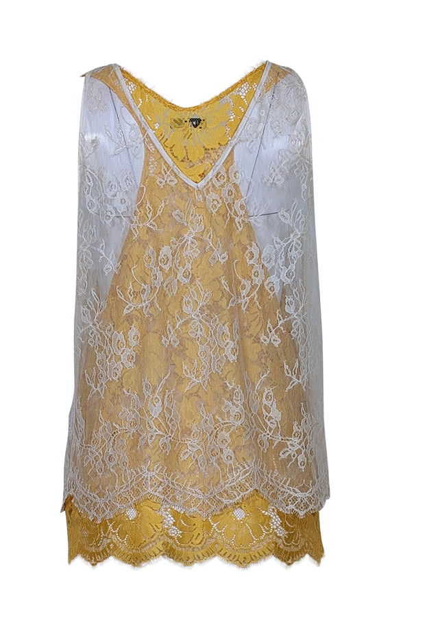 Current Boutique-Reiss - Yellow & Cream Layered Lace Sleeveless Top Sz 10