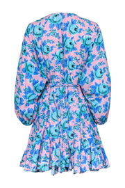 Current Boutique-Rhode - Pink w/ Blue Floral Print Belted Long Sleeve Dress Sz S