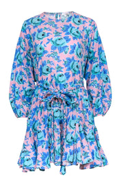 Current Boutique-Rhode - Pink w/ Blue Floral Print Belted Long Sleeve Dress Sz S