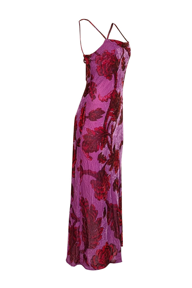 Current Boutique-Rhode - Purple & Red Floral Print Velvet Tie Back Dress Sz 6