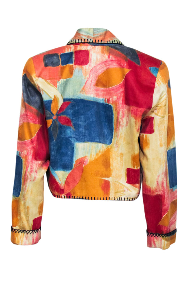 Current Boutique-Rhonda Stark - Watercolor Abstract Print Cropped Blazer w/ Contrast Stitching Sz S