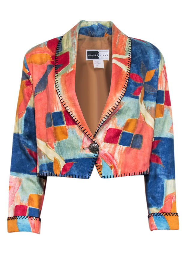 Current Boutique-Rhonda Stark - Watercolor Abstract Print Cropped Blazer w/ Contrast Stitching Sz S