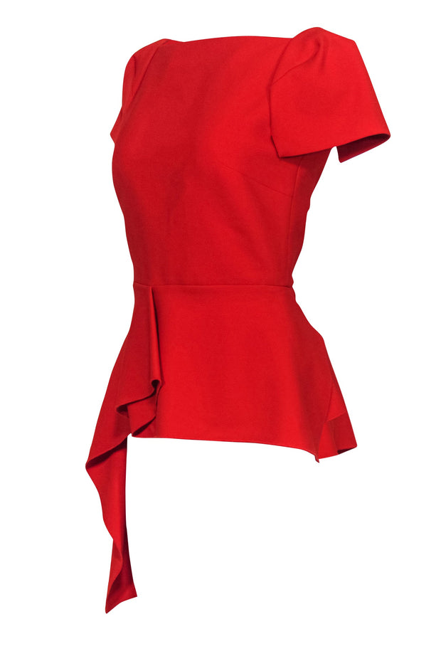 Current Boutique-Roland Mouret - Red Short Sleeve Peplum Blouse w/ Square Neckline Sz 6