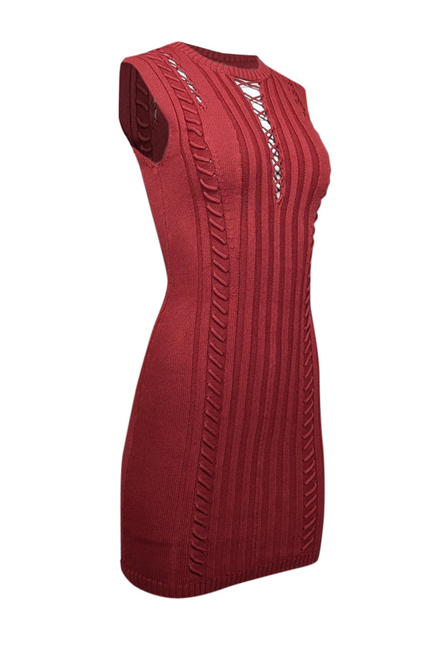 Current Boutique-Ronny Kobo - Red Knit Sleeveless Lace Up Detail Sleeveless Fitted Dress Sz M